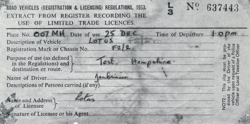“It’s OK, officer, I have the paperwork” – Chapman filled in a trade plate form for the F2 car, just in case not all the police were at their Christmas lunch