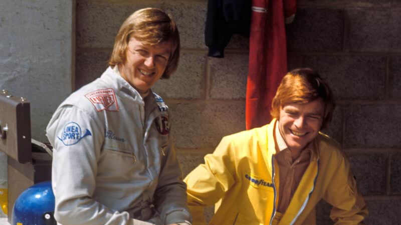 Max Mosley with Ronnie Peterson in March F1 pit in 1972