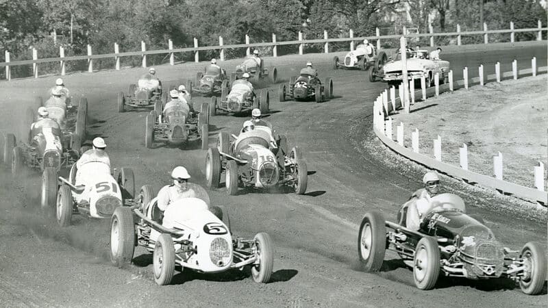 Mike Nazaruk leads at the start of 1953 Indy Car race at California State Fairgrounds