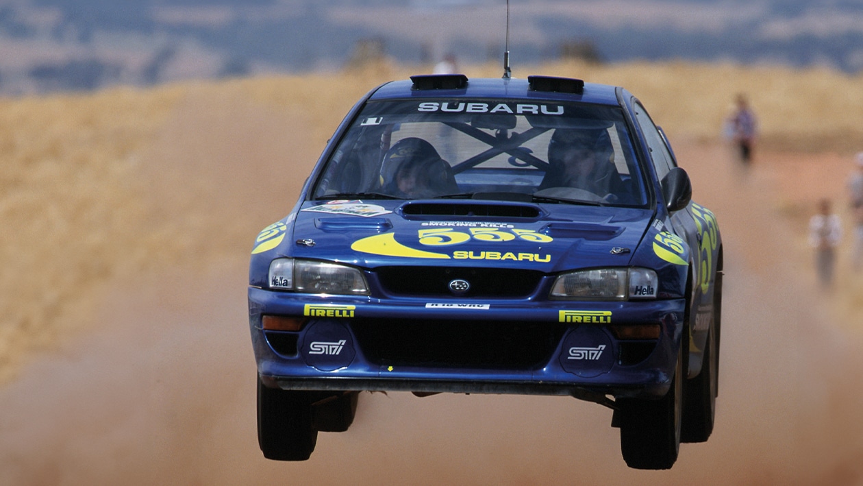 Subaru Impreza in mid air on WRC rally