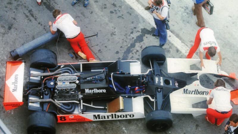 The carbon-fibre core of de Cesaris’s 1981 McLaren MP4/1, with Cosworth power and Marlboro money