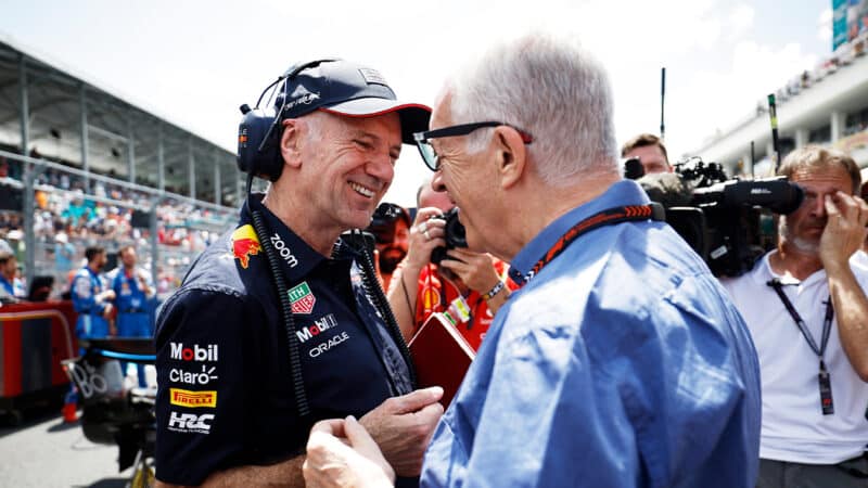 Adrian Newey talks to Piero ferrari on the F1 grid ahead of 2024 Miami GP