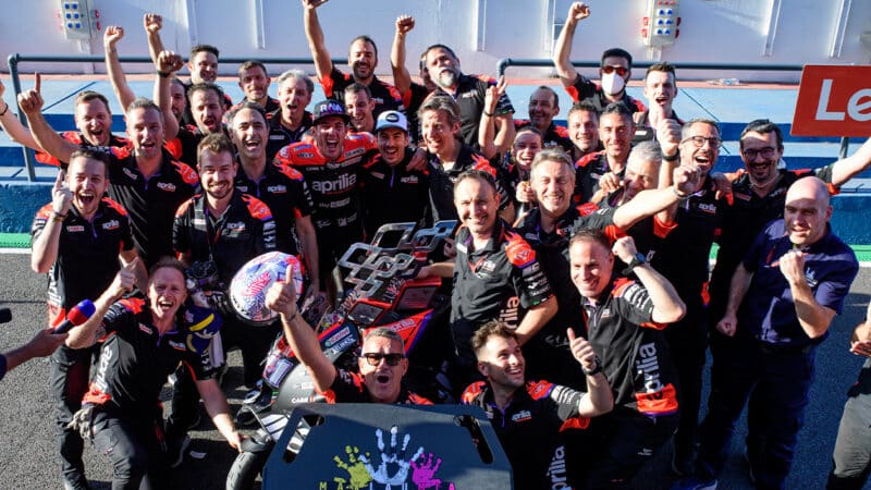 Aleix Espargaro celebrates MotoGP win with Aprilia crew at the 2022 Argentine GP