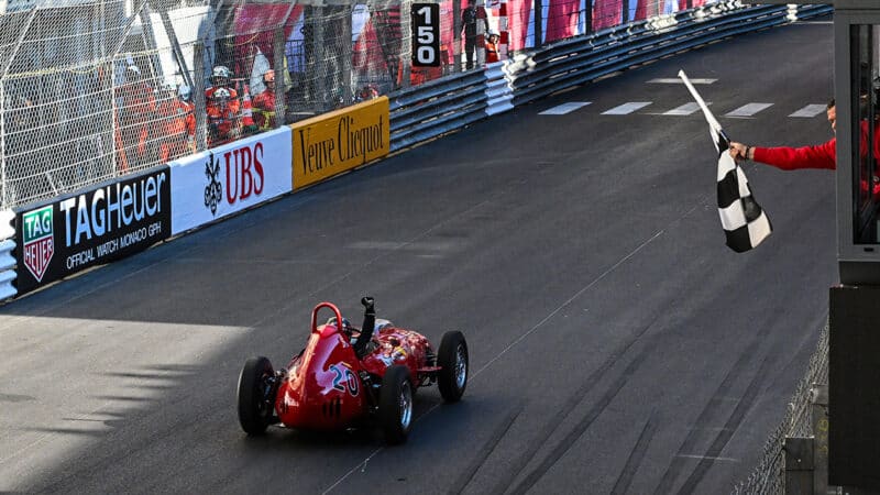 Claudia Hurtgen in Ferrari 246 corsses the line to win at Historic Monaco GP