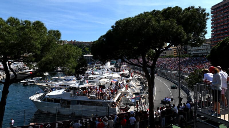 Crowds in Monaco Harbour watch the 2024 F1 Grand Prix