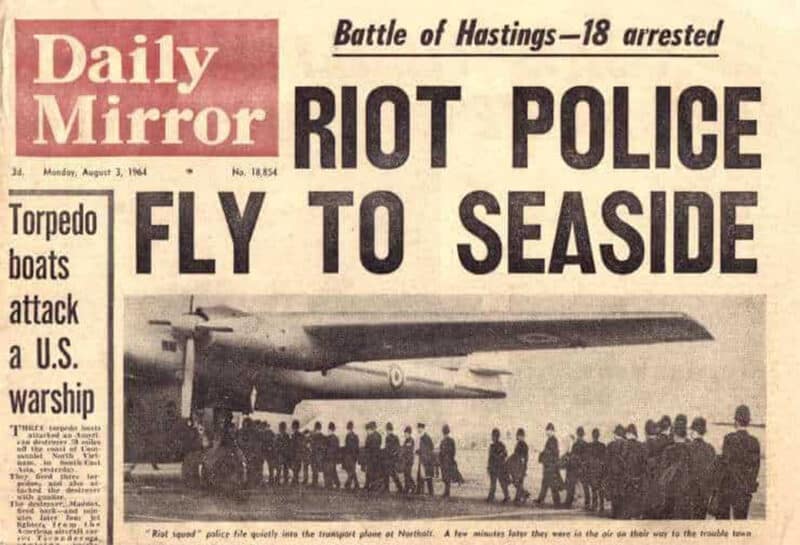 Daily Mirror front page from August 1964 with the headline Riot Police Fly to Seaside