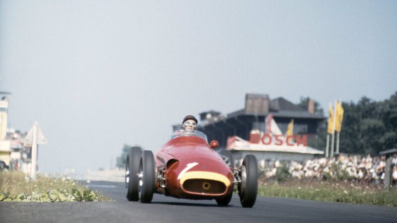 Fangio, a hero of Sir Jackie’s, way out at the front of the 1957 German GP, held at the Nürburgring. It would be his final F1 win and one of his finest