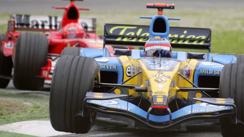 Fernando Alonso ahead of Michael Schumacher in 2005 F1 San Marino GP