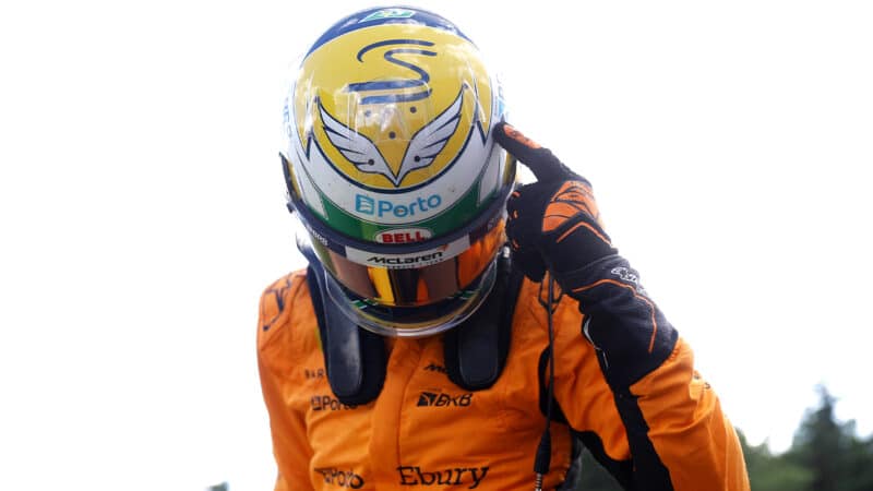 Gabriel Bortoleto points to Senna S on his helmet