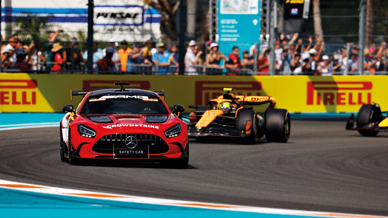 A helping hand for Norris in Miami from the safety car after a Magnussen-Sargeant incident