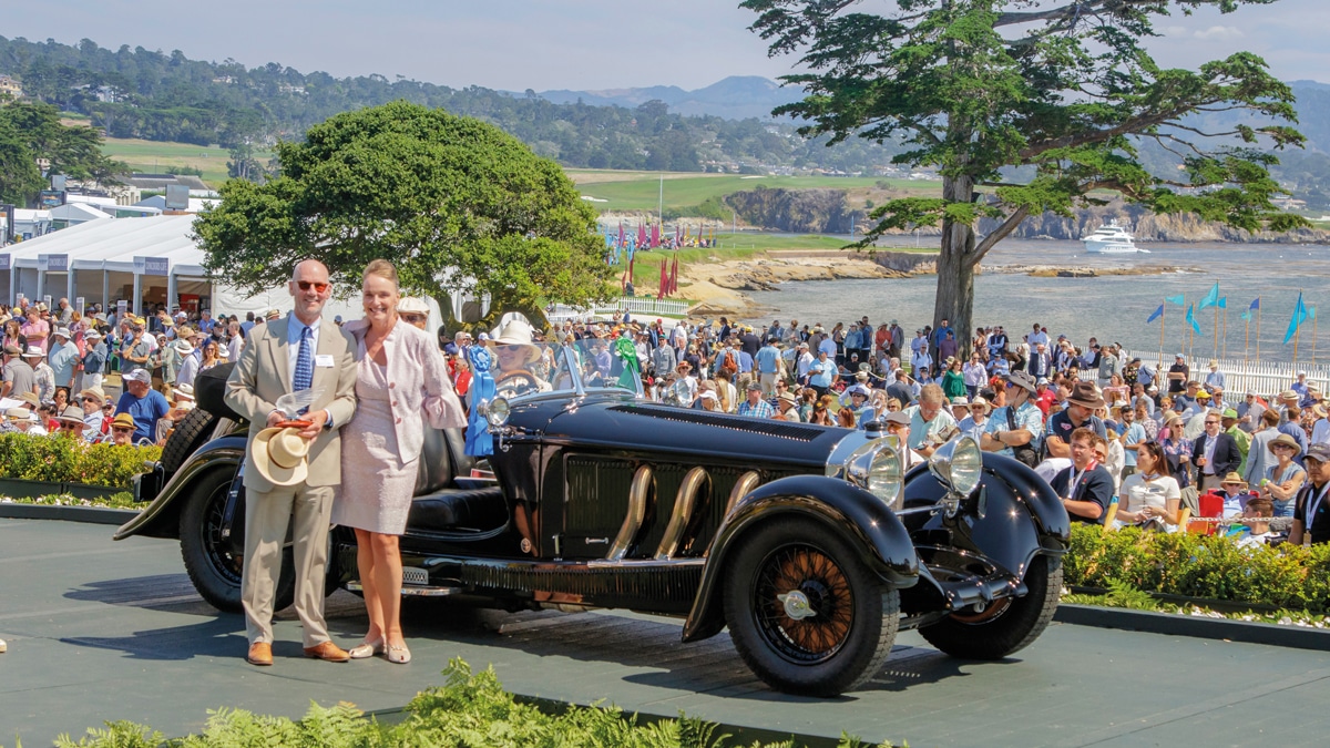Sandra Button with John Bentley, 2023’s recipient of the Lorin Tryon Trophy – presented to an enthusiast who has contributed significantly to the Concours