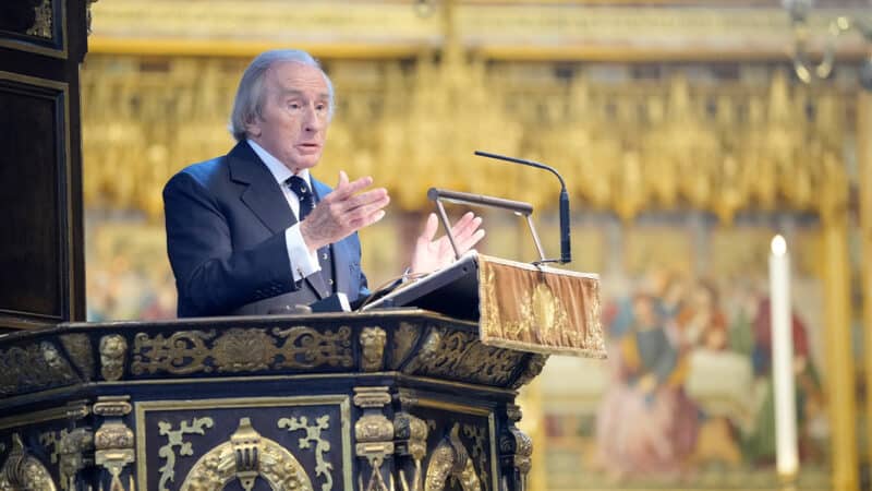 Jackie Stewart addresses the congregation at Stirling Moss memorial service in Westminster Abbey