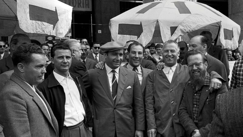 Jenks at Mille Miglia, 1955 with Hans Herrmann, Fangio, Moss and Karl Kling