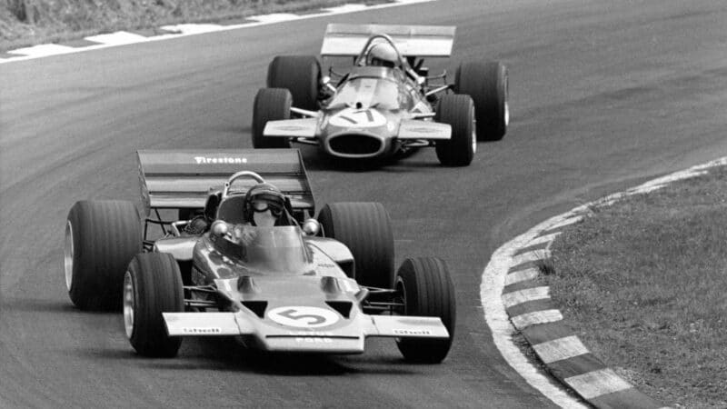 Jochen Rindt leads Jack Brabham in 1970 British Grand Prix