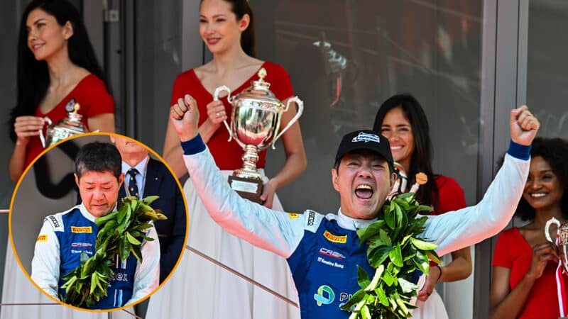 Katsuki Kubota celebrates winning in 2024 Historic Monaco GP