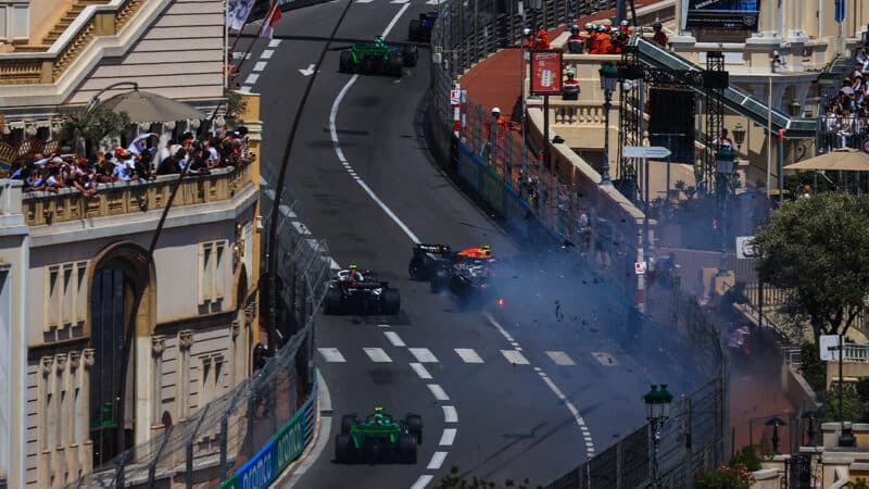 Kevin Magnussen and Sergio Perez crash at start of 2024 F1 Monaco Grand Prix