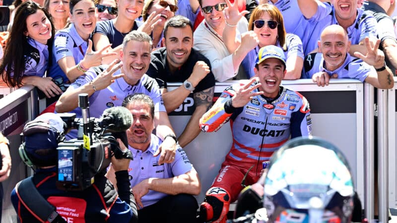 Marc Marquez celebrates podium finish with crew at 2024 MotoGP Catalan GP