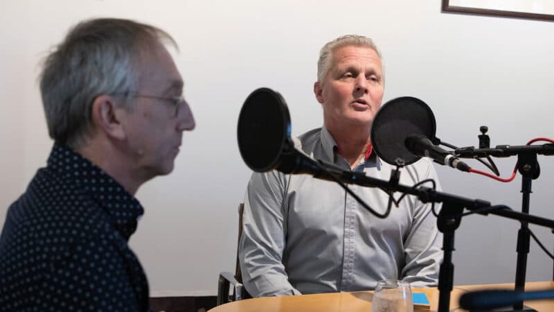 Mark Hughes and Johnny Herbert record a podcast