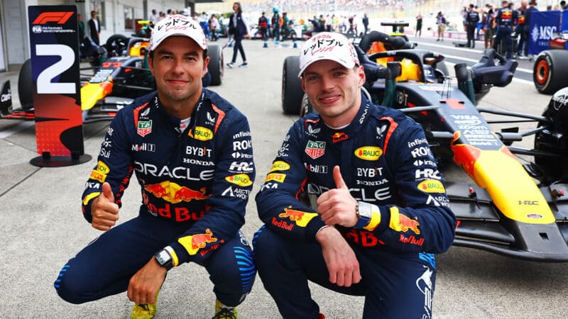 Max Verstappen and Sergio Perez give the thumbs up after 1-2 finish at the 2024 F1 Japanese Grand Prix