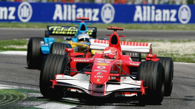 Michael Schumacher leads Fernando Alonso through chicane in 2006 F1 San Marino Grand Prix