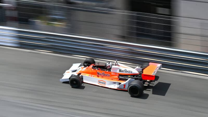 Overhead view of Michael Lyons in McLaren M26 at 2024 Historic Monaco GP