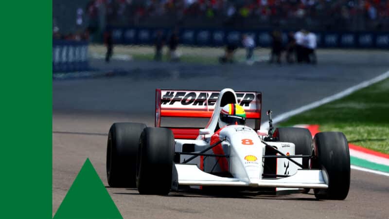 Sebastoan Vettel driving Ayrton Senna's McLaren MP4:8 2024 Emilia Romagna GP Imola
