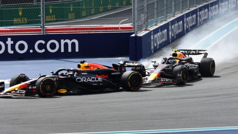 Sergio Perez locks up and almost hits Max Verstappen at the start of the 2024 F1 Miami Grand Prix