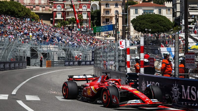 Sparks from Ferrari of Charles Leclerc in qualifying for 2024 F1 Monaco GP