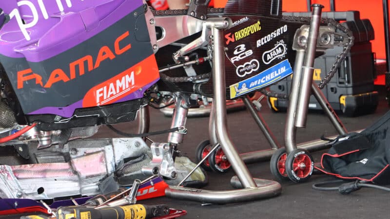 Tools surround stripped Ducati GP24 MotoGP bike at 2024 Jerez test