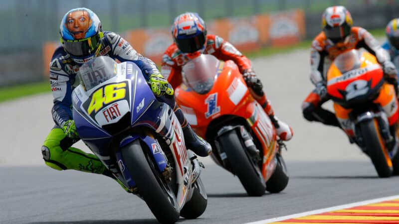 Valentino Rossi leads Casey Stoner and Dani Pedrosa in MotoGP 800cc era