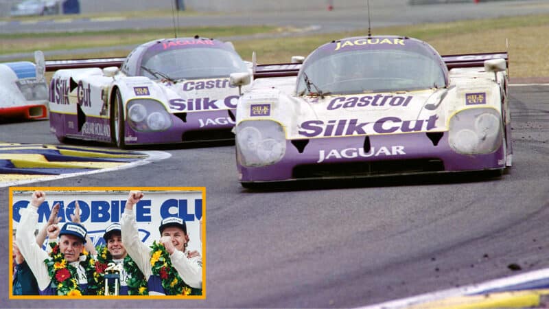 1990 Le Mans winning Jaguar and inset image of three winning drivers on the podium