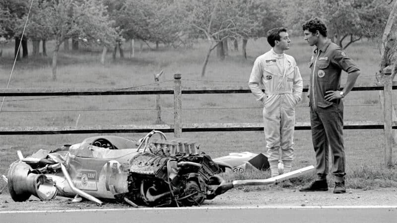 Oliver, left, rode his luck at Rouen in 1968 – he walked away from this crash in Colin Chapman’s winged 49B