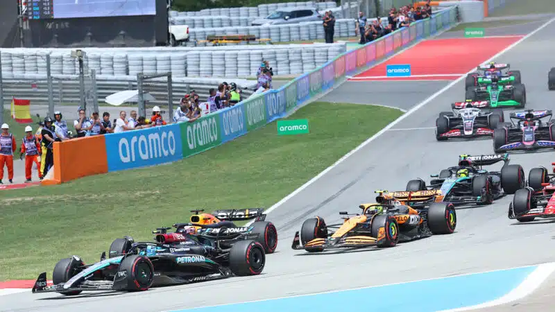 George Russell leads at the start of the 2024 F1 Spanish GP