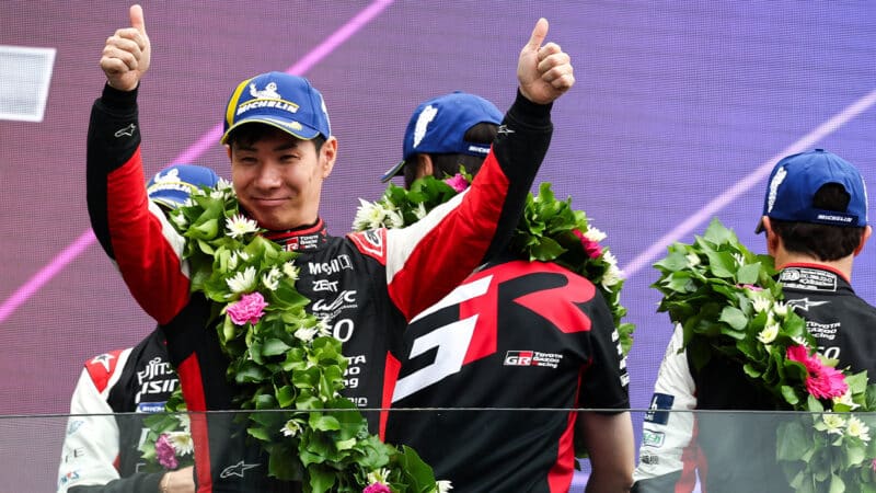 Kamui Kobayashi on 2024 Le Mans 24 Hours podium