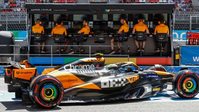 McLaren of Lando Norris pulls out of F1 pits in front of team pitwall
