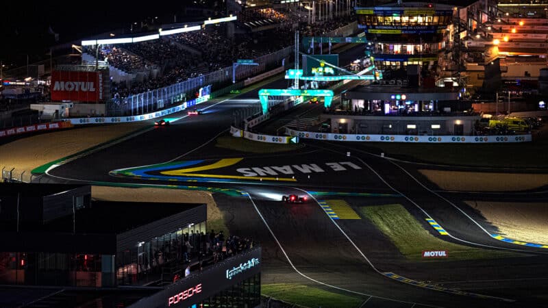 Overhead view of Le Mans 24 Hours at night