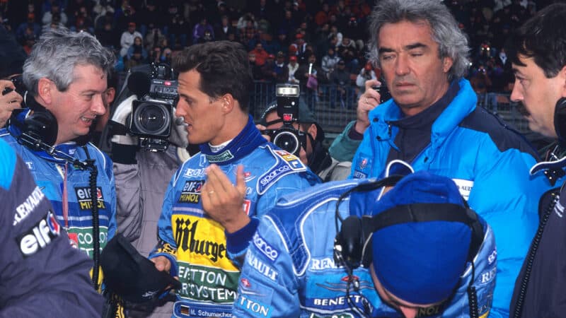 Pat Symonds with Michael Schumacher and Flavio Briatore at 1995 F1 European GP