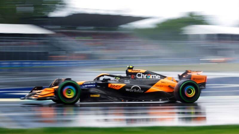 Side view of Lando Norris McLaren in wet weather during 2024 F1 Canadian Grand Prix