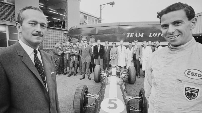 Colin Chapman with Jim Clark and Lotus 25 at Lotus factory in 1963