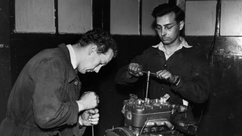 Colin Chapman with Peter Allen in Lotus workshop 1950
