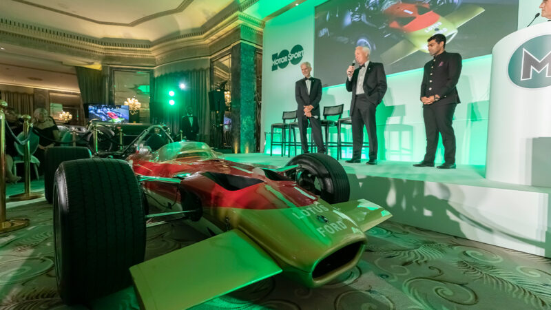Damon Hill with Clive Chapman and Karun Chandhok on satge at Motor Sport 100th annniversary party