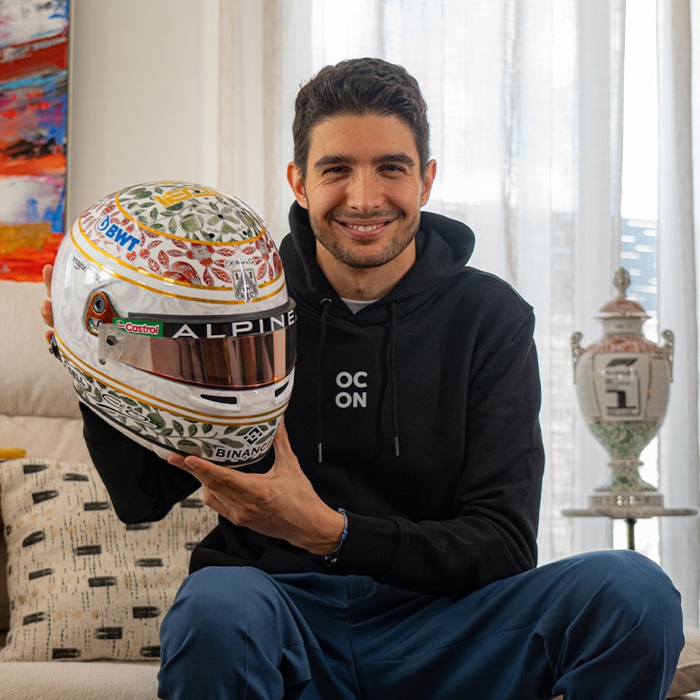 Esteban Ocon with porcelain design helmet for 2024 F1 Hungarian GP