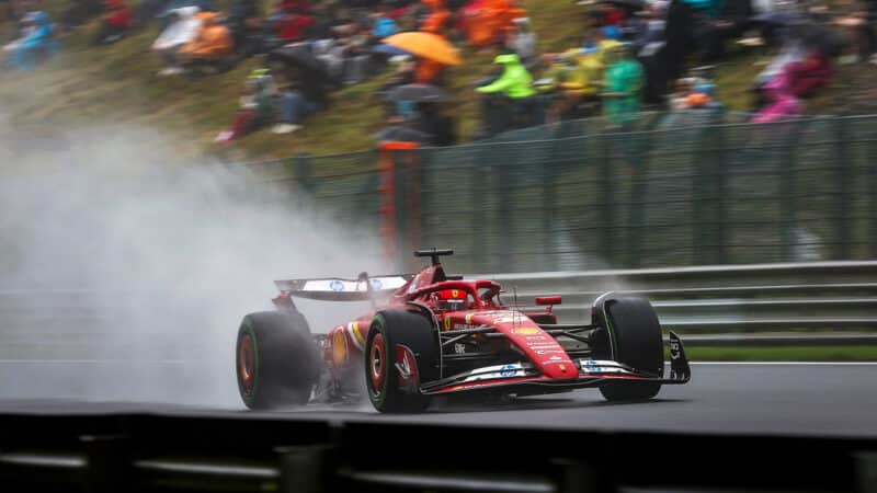 Ferrari of Charles Leclerc in wet qualifying for 2024 F1 Belgian Grand Prix