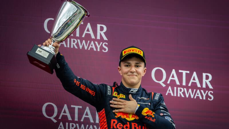 Isack Hadjar on the podium at Silverstone after winning 2024 F2 Feature Race