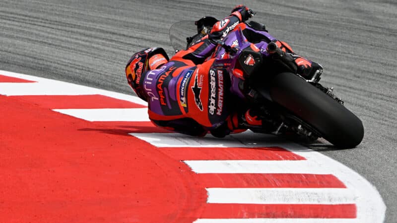 Jorge Martin cornering on MotoGP Pramac Ducati