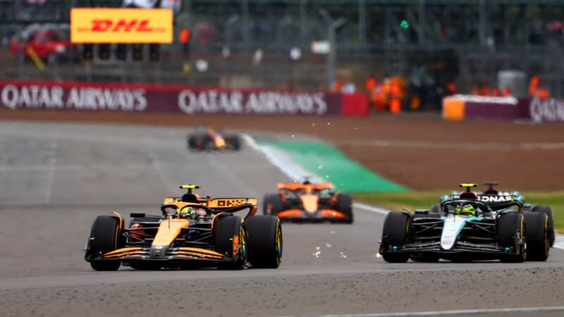 Lando Norris passes Lewis Hamilton in 2024 F1 British GP