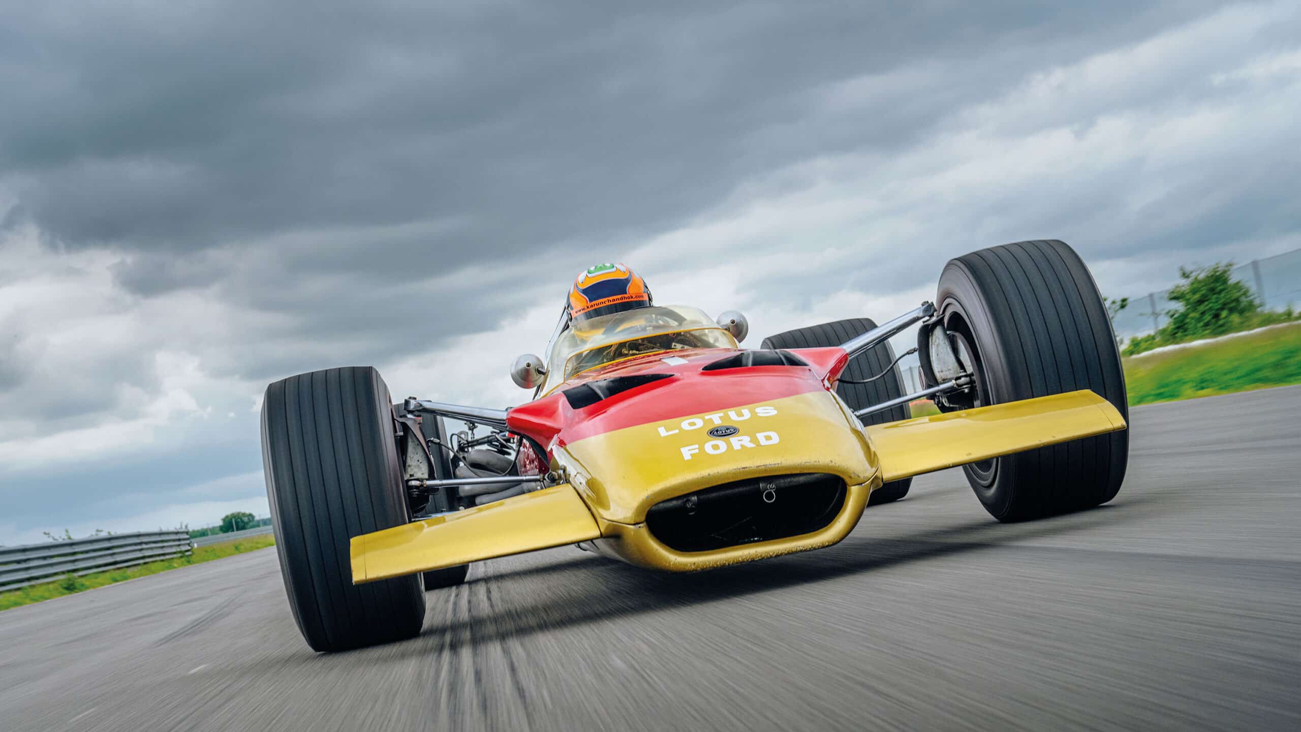 Lotus-49-on-track-with-Karun-Chandhok,-Race-car-of-the-century