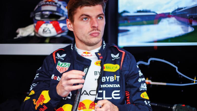 Max Verstapoen in the Red Bull Garage