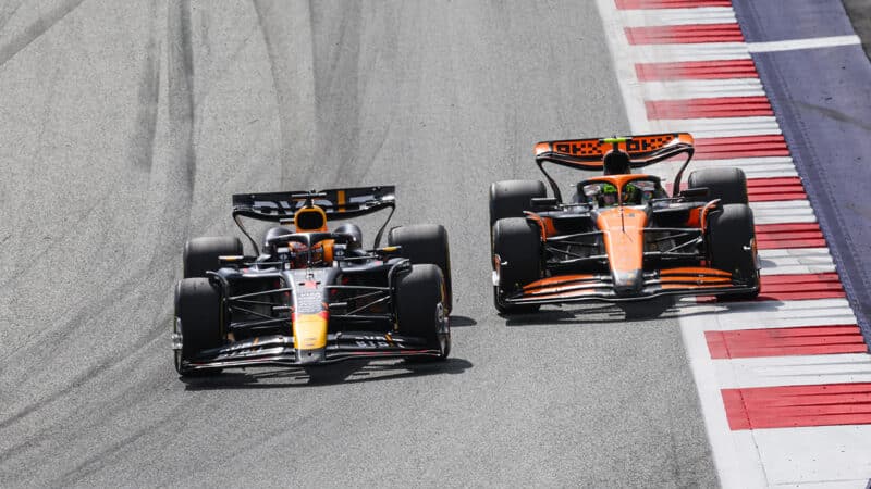 Max Verstappen alongside Lando Norris in 2024 F1 Austrian GP