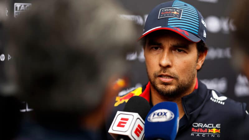 Sergio Perez speaks with media at 2024 Belgian Grand Prix